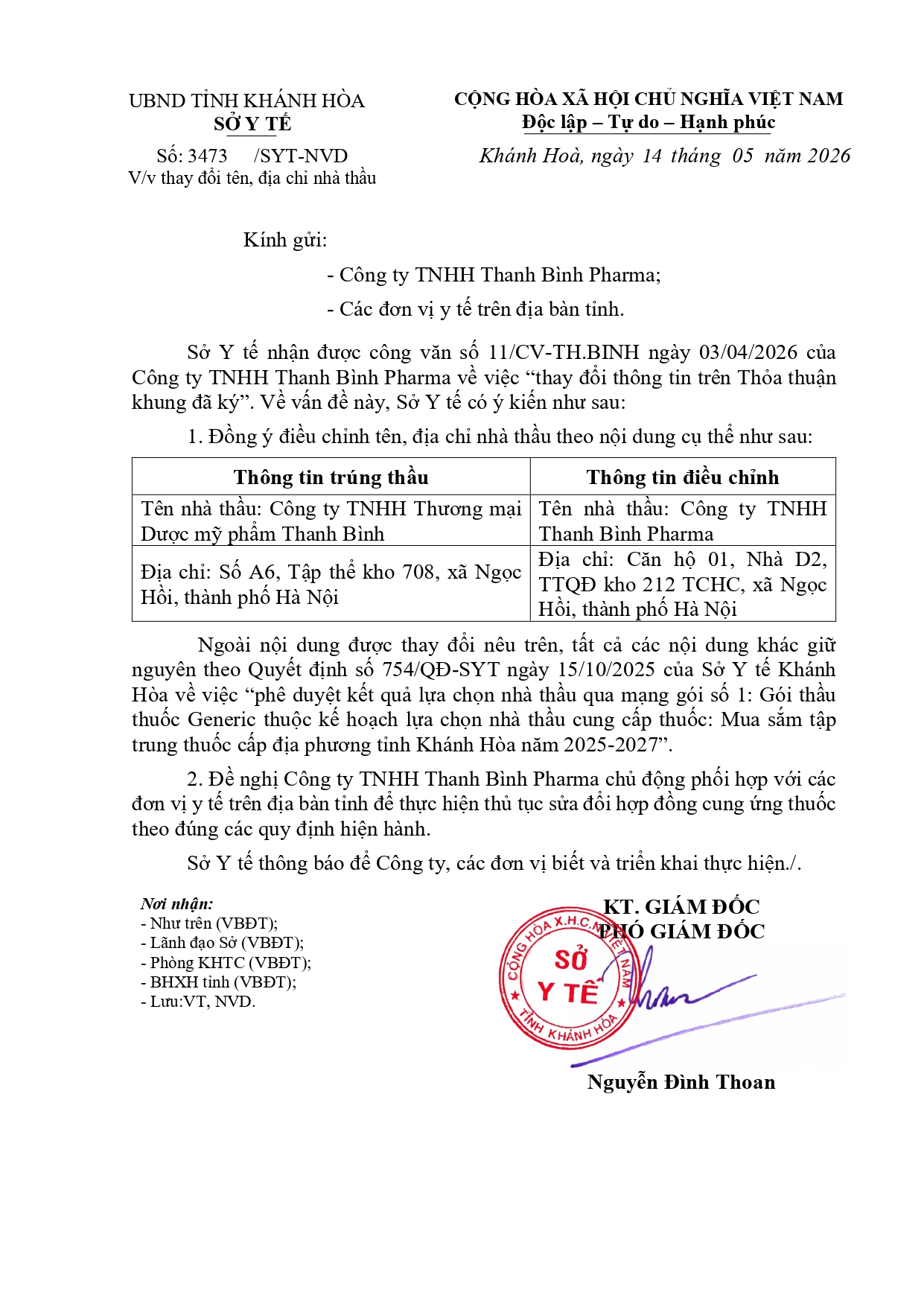 V/v thay đổi tên, địa chỉ nhà thầu